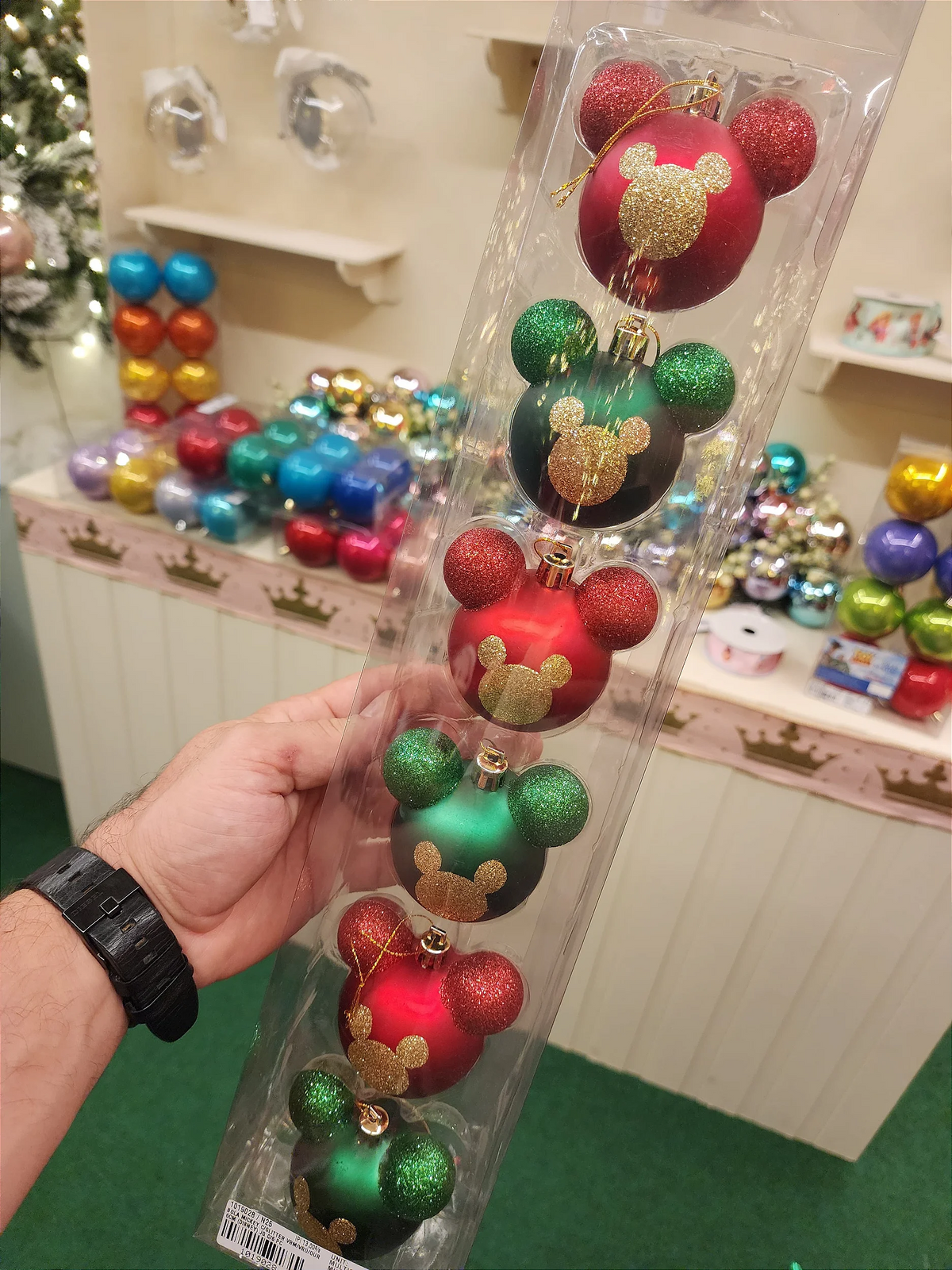 Bola Mickey com glitter verde e vermelho 6cm kit com 6 unidades