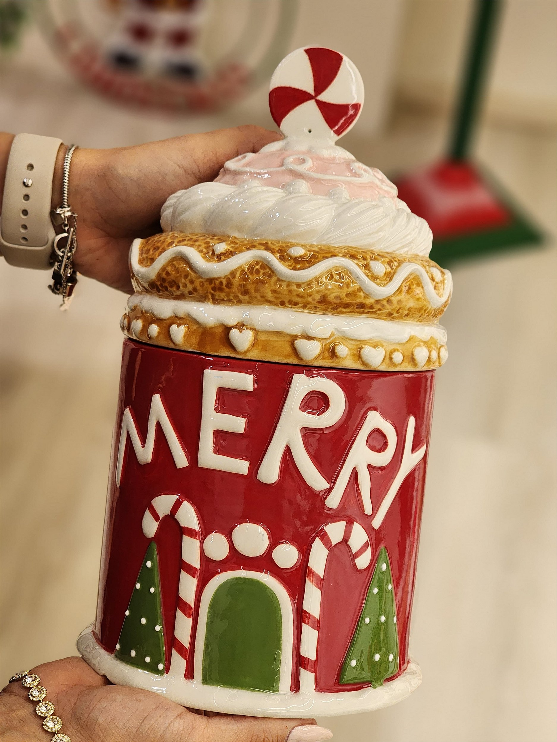 Pote decorativo Merry com tampa vermelho 27cm