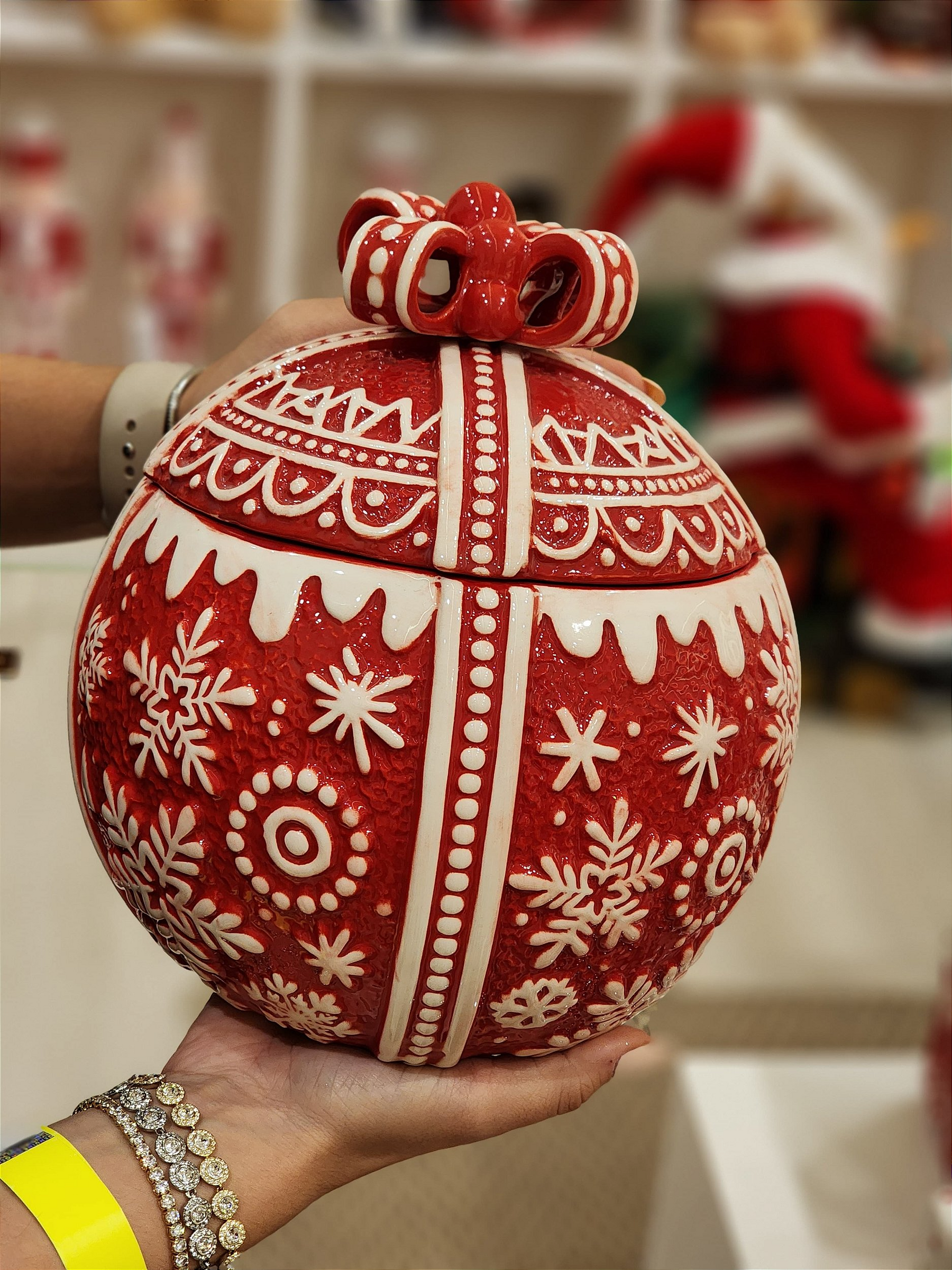 Pote decorativo com tampa bola vermelha 23cm