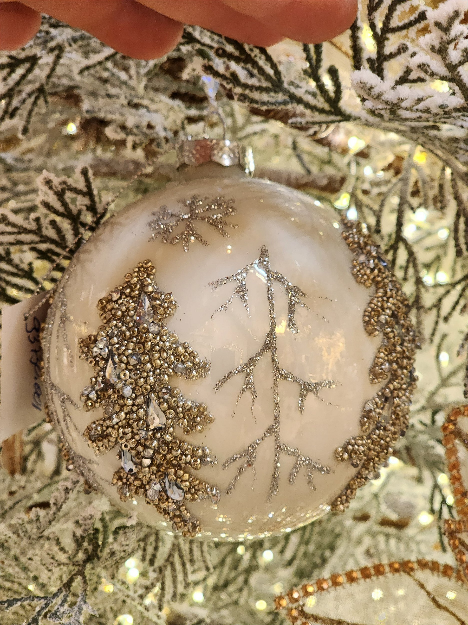 Pendente ornamento de vidro soprado bola Branca e prata 10cm