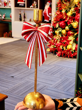 Castiçal em metal com laço vermelho e branco 35cm