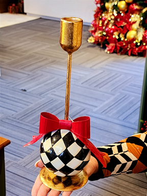 Castiçal em metal com laço preto e branco 26cm